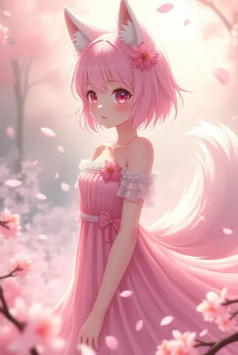 Nine Snow-White Fox Tails (1.0), milk fox tail (1.0), fox close up nine tails, nine tails, nine tails, Anime girl with pink hair and pink dress with flowers on her hair, very beautiful anime girl-лиса, beautiful anime girl-лиса, beautiful fantasy anime, gu...