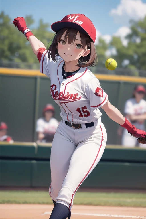 Best Quality、masterpiece、 High Resolution 、Fine Lines、beautiful、 1 girl、Brown Hair、 short hair、smile、 playing softball、 white and red uniform with gloves on her left hand、左手にグローブを着けている、Wearing a baseball cap、Ground、sunny、