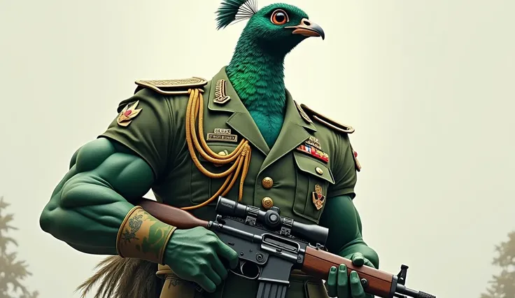 I want national animal muscular green pheasan wear Japan Army dress with guns with japan sign