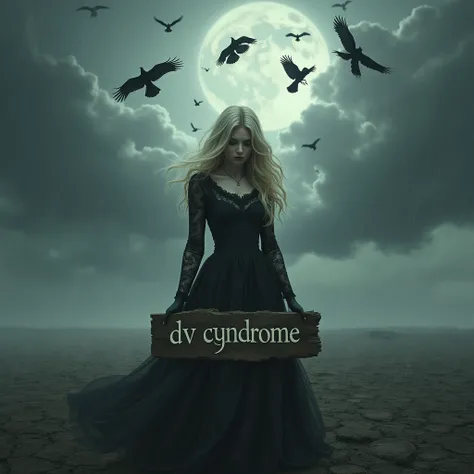 The gloomy atmosphere of a field of rain clouds  , Flying Crows,    blonde in a gothic lace dress   ,    holds a charred board with gothic inscriptions "DV CYNDROME "