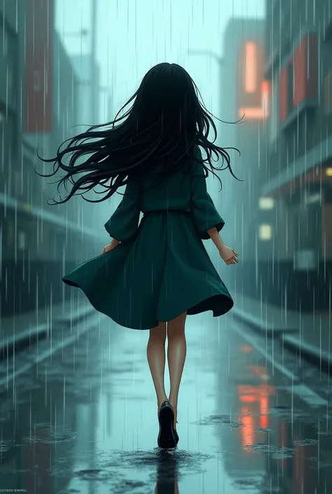 Cartoon woman with long black hair walking in the rain 