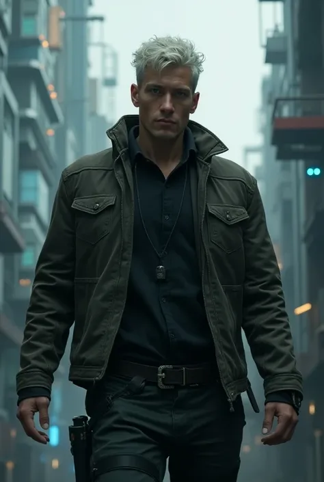 

*One male Hunter Leader  "Chrystian "  in a leather jacket ,  short curly hair  , blue eyes, physically strong, White.
 
Science-fiction environment.