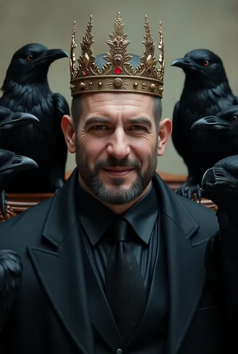 Egocentric man with a crown and crows around him and with a smile realistic image