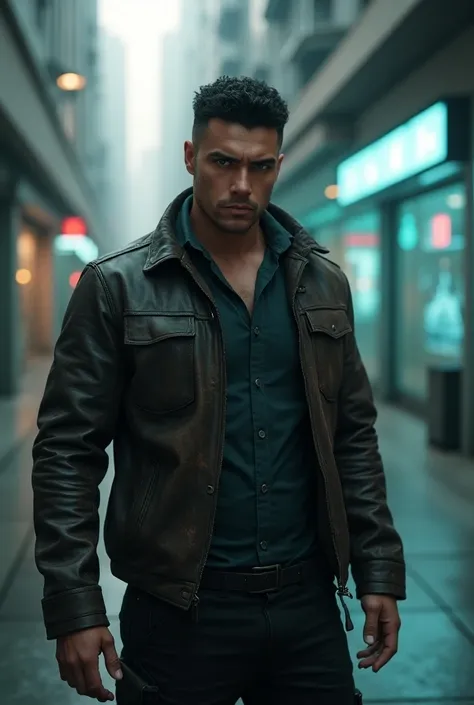 

*One male Hunter Leader  "Chrystian "  in a leather jacket , short black curly hair , blue eyes, physically strong, White.
 
Science-fiction environment.