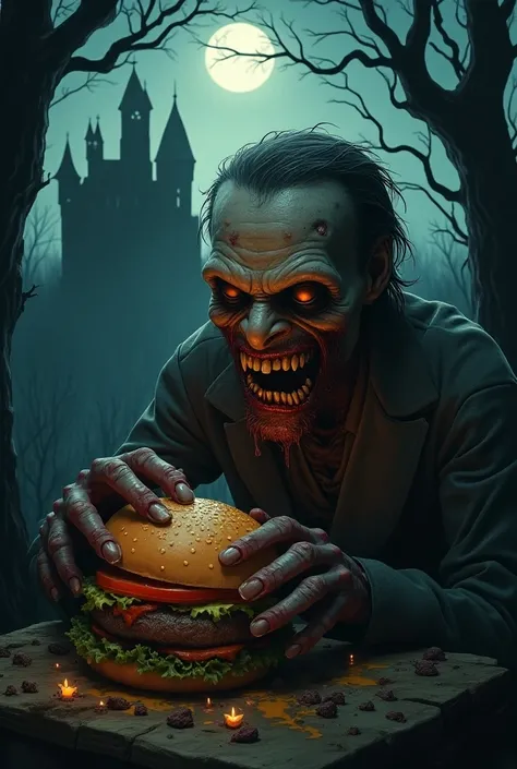 Zombie eating a hamburger in a forest near a haunted Castile 

