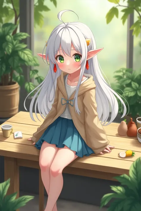 Anime girl, elf ears, white hair, pig tails, blue skirt, jacket, red earings, green eyes, sitting on table, outiside