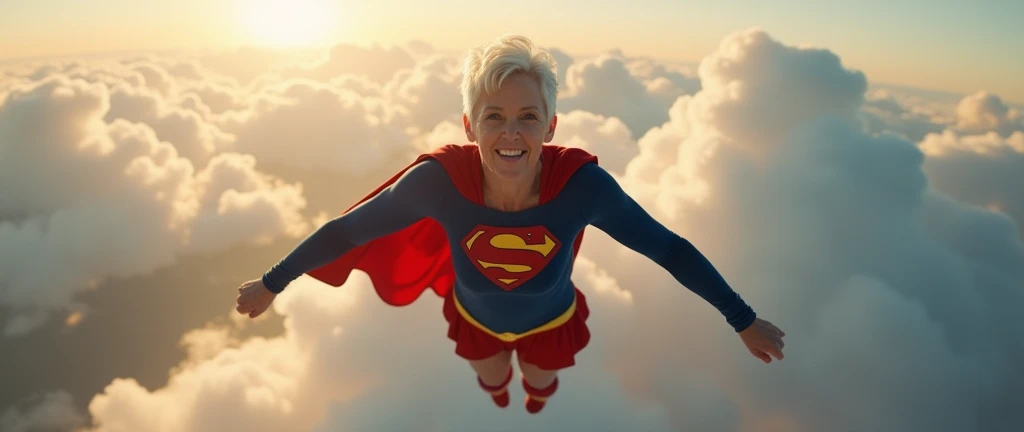  Old Supergirl flying among the clouds (((Supergirl, white hair 60years old; Pixie Cut Elegante hair)))  (((very beautiful old Superwoman (((2024s Helen Slater Supergirl movie costume; red mini skirt; red boots, with yellow details on the edge of the shaft...