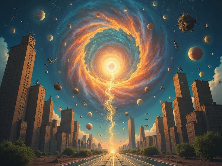 Reality Collapse – A scene in which a city is being pulled into a cosmic vortex, with buildings and objects collapsing into geometric shapes and floating lights, representing the collapse of a dimension. Style: Surreal art with metaphysical touches.