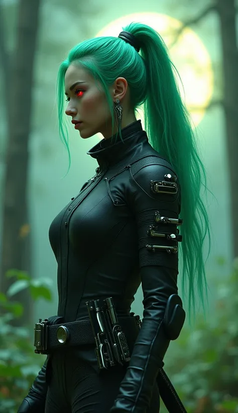 A beautiful sci fi ninja girl with long green hair in a ponytail, a mysterious gaze from her red eyes on a symmetric and beautiful face with thin eyebrows and sharp eyelashes, she has little shuriken earrings on her elegant ears, her skin is silky smooth a...