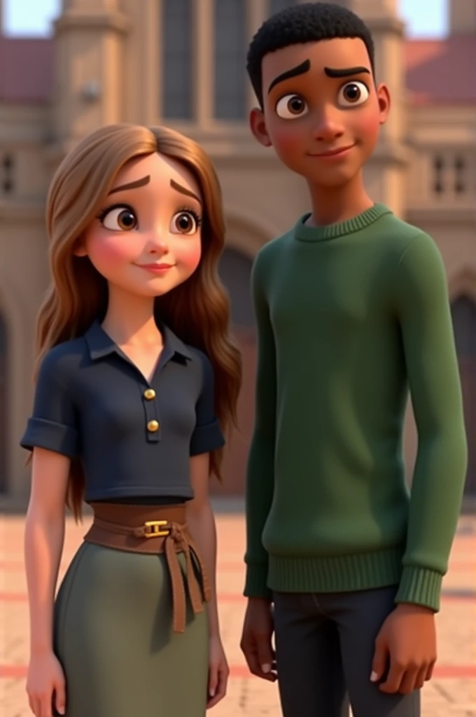 Disney pixar 3D The girl and the guy in the picture are outside, standing in front of what looks like a historic building.

The girl:

She is wearing a dark blue short-sleeved shirt, with a brown belt around her waist.

She has a gray or green skirt.

Her ...