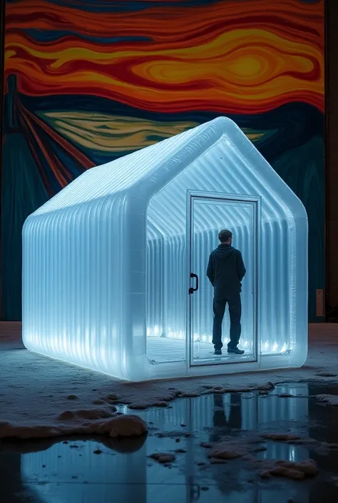 transparent inflatable cabin with the colors of the work the scream in the background and a logo in the upper right corner of the work the scream