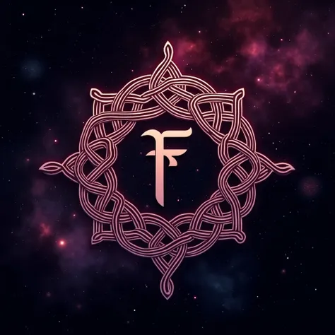 Create a Celtic Knot Logo with an Asian letter f in the middle with a black and pink galaxy background