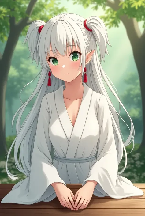 Anime girl, adult, elf ears, white hair, pig tails,white robe, red earings, green eyes, sitting on table, outiside