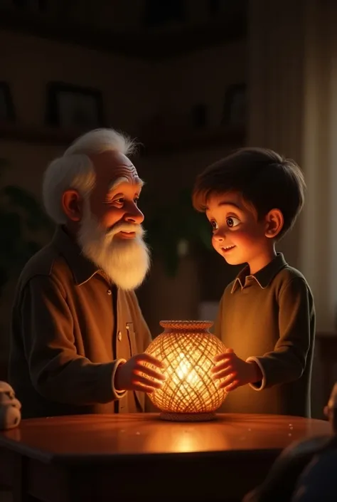 A grandfather and his grandson admire a lamp made of jute, and the warm light seems to connect them in a profound way. 