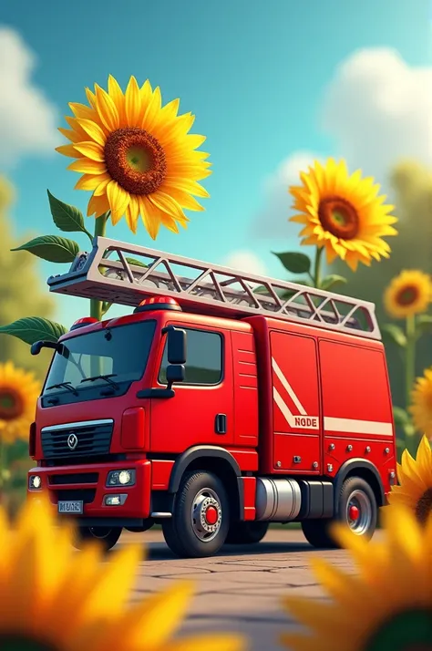 A red fire truck next to a yellow sunflower