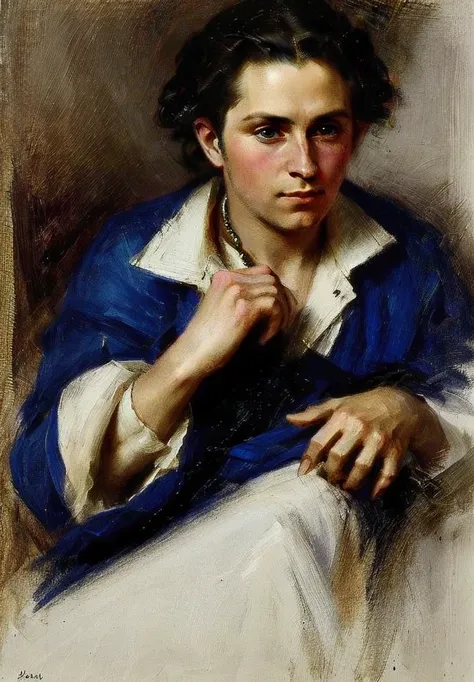 Townsman, male, 19th century, with sapphire jewelry, black hair, blue eyes, beautifully detailed hands, detailed face