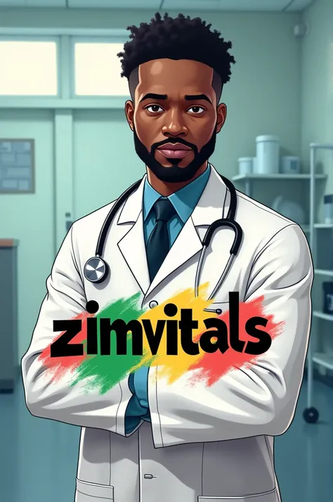 Create a realistic picture with black doctor in the background, also write ZimVitals🇿🇼 and put green, yellow, red, back and white colours. Then put a logo saying health myths debunked