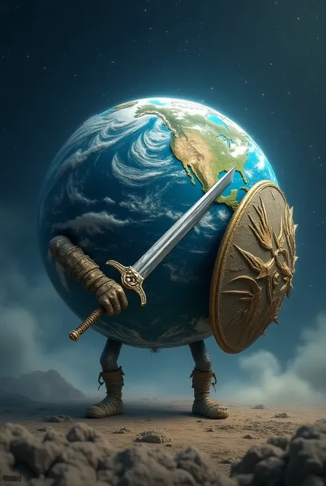 planet Earth with feet and little hands holding a sword and shield ittack position 