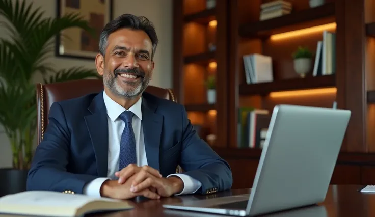 Generate a realistic image of a mid aged handsome indian professional man who feels very satisfied in his life after pursuing insolvency professional career while sitting in a great office . The man should be sitting on the right side of the image.