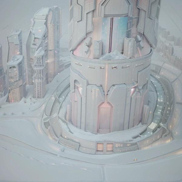 A beautiful cyberpunk futuristic fortress in a snow landscape, with futuristica skycrapers, 3d rendering, ultra realistic, uhd, White and Pink colori, Pink Sky, external metal wall