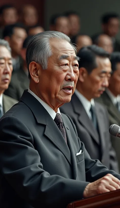 A 4K UHD close-up of Emperor Hirohito speaking into a microphone, announcing Japans surrender, with a solemn and emotional atmosphere. Japanese citizens can be seen listening with somber expressions.