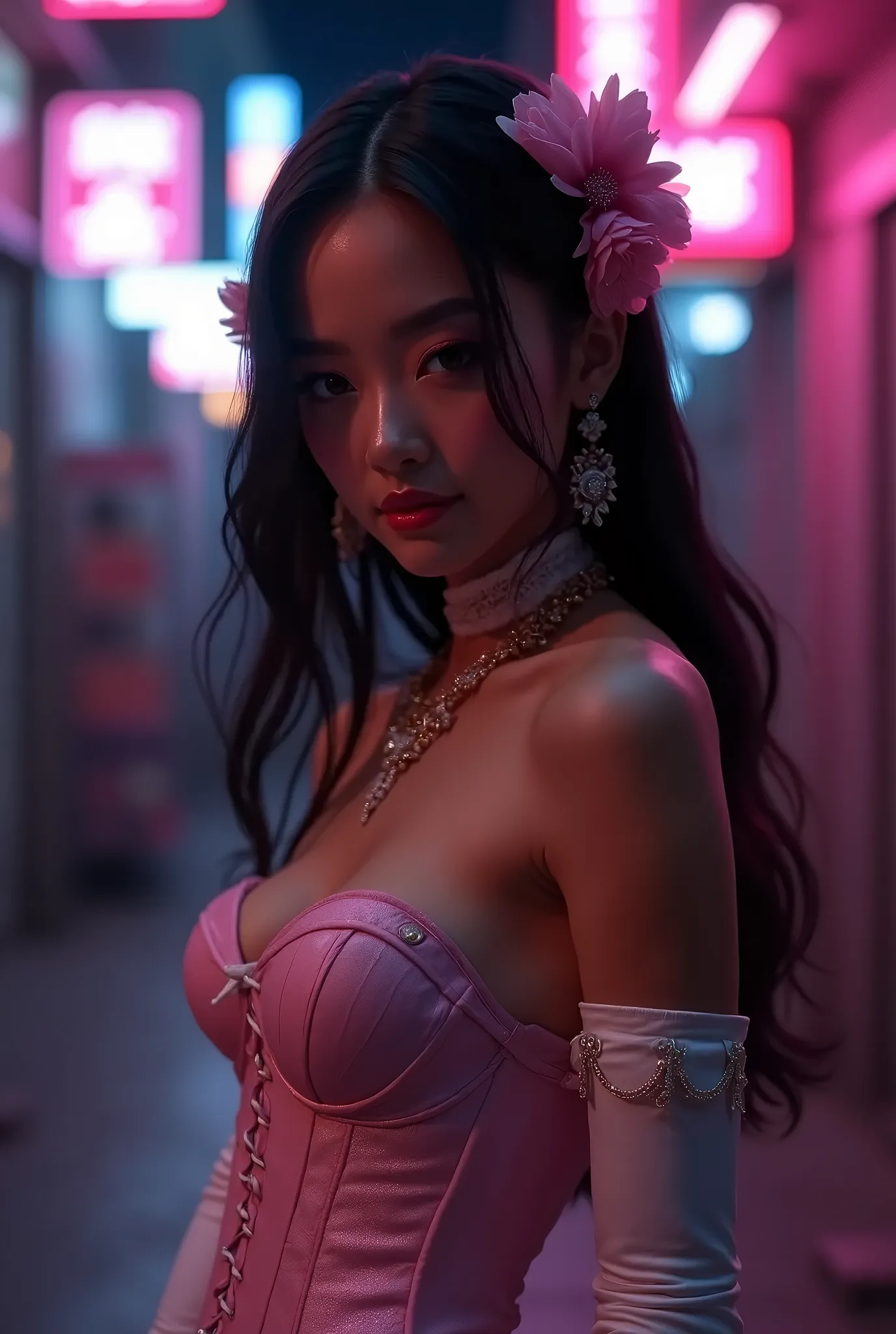 8k Ultra HD, image 9:17, 8k, masterpiece, RAW photo, best quality, detail: 1.3), photorealistic, incredibly detailed CG Unity 8k wallpaper, depth of field, cinema light, lens flare, ray tracing, [[[sharp focus: 1.2]]], (extremely beautiful face, beautiful lips, beautiful eyes), ((pink makeup, pink lipstick, eyeliner, cheveux noirs moelleux, Hair illumination, voluminous lighting, expressive eyes)), face with intricate details, ((very detailed skin)), 1 girl, in the dark, deep shadow, pretty girl, (medium bust:1.8), ((narrow waist, slanderous legs)), (small ass), perky, (oli face: 1.3), (very slim slendet-muscled body:1.3), ((looks at viewer)), (big smile), (lace-up dress), (sleeve), (city night, (neon), (night), tights, clean eyes, Dark makeup, walking, face forward, (cowboy shot)), ((magenta lace-up corset)), ((white color dress)), (((( (magenta: lace-up), (((white: latex pants)))))), ((long white gloves)), long legs, ((Long Messy pink Pony with Braid, (((flowers in hair))))), 3D, rich colors, (Intricately detailed multi-layer lace corset), ((earrings, ((diamonds)), necklace, (gold), bracelets, valuables)