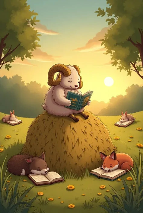 Evening meadow with the library of Boris the Ram. Burdock leaves are scattered around the haystack and Boris, on which lie open copies of this book. The soft sunset light creates a cozy atmosphere. In the center of the composition is a large haystack, whic...