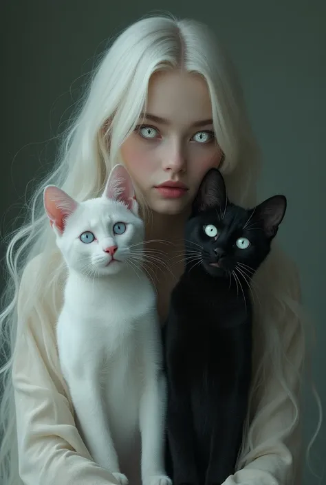 GIRL WEARING ,  WHITE LENSES LONG HAIR ,  WITH HER WHITE AND BLACK CAT
