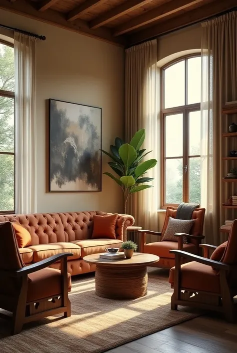 Create an image of a beautiful room with a sofa and wooden chairs.