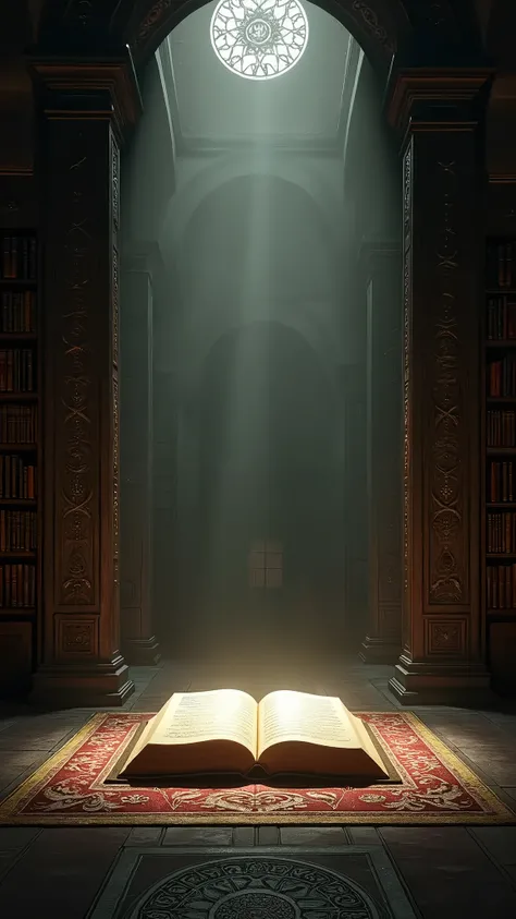 A hidden vault in a Vatican-like library, where forbidden texts, such as the gnostic gospels, are locked away. The atmosphere is dark and solemn, with towering bookshelves lining the walls. In the center of the room, a single manuscript lies open, illumina...