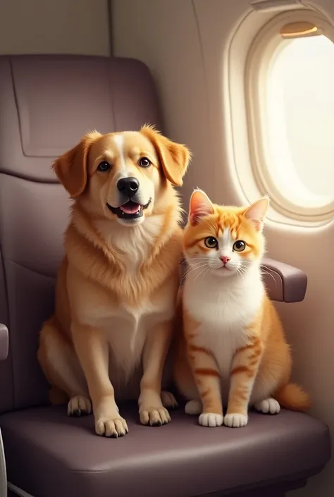  hello please generate an image of a dog and cat that travel with their guardian by plane thanks to a veterinary certificate, I need the image to look clear and nude colors  