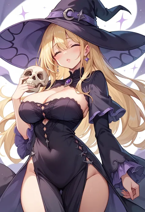 1girl, long lacy black dress, no sleeves, revealing thigh, eyes closed, soft pink lips, blushing, long blonde hair, round big breasts, purple witch hat, holding a skull in her left hand, 