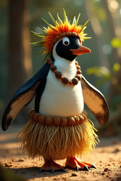 a dancing penguin wearing hula skirt and tribal accessories,cinematic lighting, tim burtn style