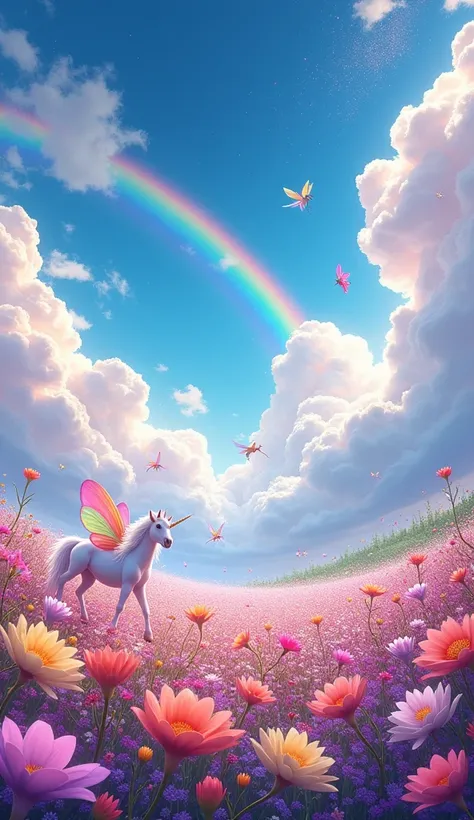 Create a vibrant image of a colorful, celestial-style setting with fluffy, pastel-colored clouds, a deep blue sky in the background, and a field of brightly colored flowers. Add fantasy elements like magical creatures and rainbows to make the environment e...