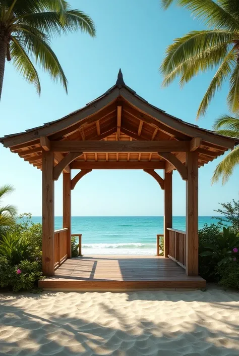 A pavilion for a wooden beach park with corrugated roof