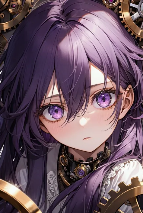 Purple Hair, long hair,Messy Hair, beautiful purple eyes that seem to be sucked in, 1 girl,Face up , clockwork in the eyes 