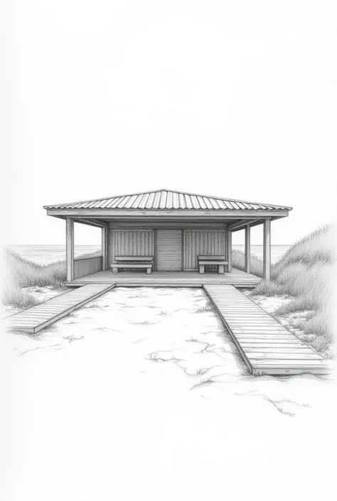 A pencil sketch of a pavilion for a wooden beach park with corrugated roof