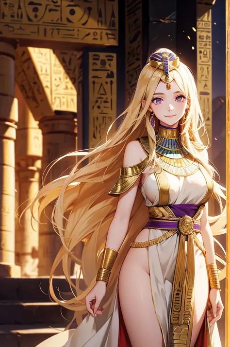 Ancient Egypt female with pale skin and kind smile and very long golden hair and purple eyes and wearing a Ancient Egyptian dress 