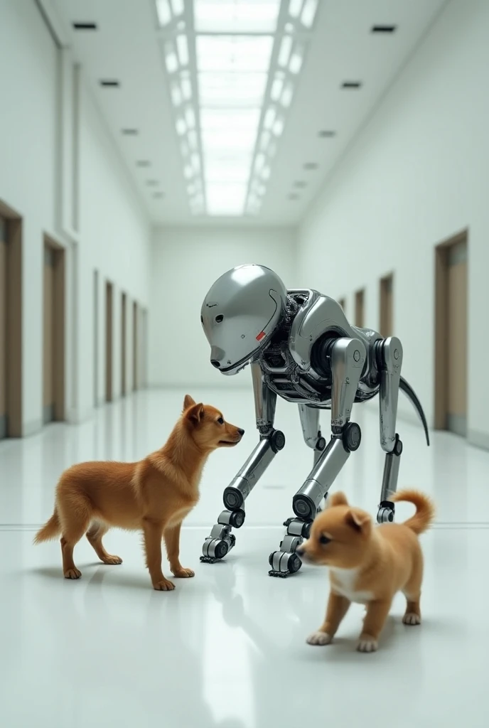 Pets next to robotic machines in the shape of a separate dog
