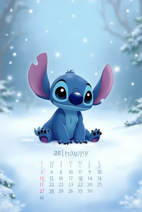  Calendar for the month January 2025 . Stitch sitting in the snow 