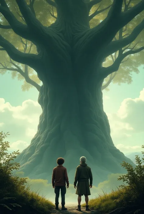 a young man and his father in front of a huge and strange tree 

