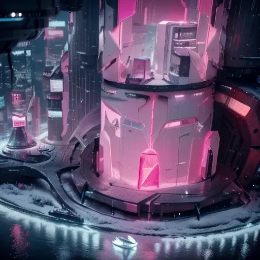 A beautiful cyberpunk futuristic fortress in a snow landscape, with futuristica skycrapers, 3d rendering, ultra realistic, uhd, White and Pink colori, Pink Sky, external metal wall