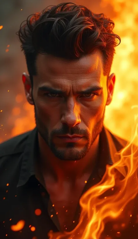 A highly realistic depiction of a handsome man with a mysterious and cruel gaze. The atmosphere around him evokes a sense of heat and intensity, reminiscent of fire, with warm tones and bright light bathing the scene. His expression is powerful and intimid...