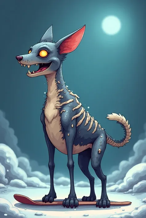 cartoon dog with a skeleton on its back and a pair of skis, full body adoptable, dog seahorse fursona, character adoptable, possibly extra limbs, this character has cryokinesis, weirdcore voidpunk fursona, two legged with clawed feet, furaffinity fursona, ...