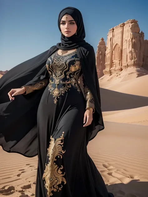 (best quality,4k,8k,highres,masterpiece:1.2),ultra-detailed,(realistic,photorealistic,photo-realistic:1.37), very beautiful girl, arabic descendant, statuesque figure, intricate black hijab and abaya, detailed fingers, desert background, wind gust, elegant...