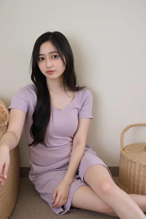  the buttons on her blouse are open ,  Exposed breasts .、  cleavage  、Sit with your knees hugged、Sit with your heels on the ground、Hug your knees with both hands、Legs facing forward、 body facing forward 、Sit with your heels on the ground、 and spread your l...