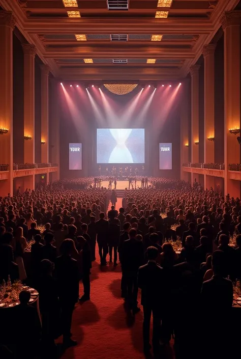 award event room full of people and stage with screen for exhibition