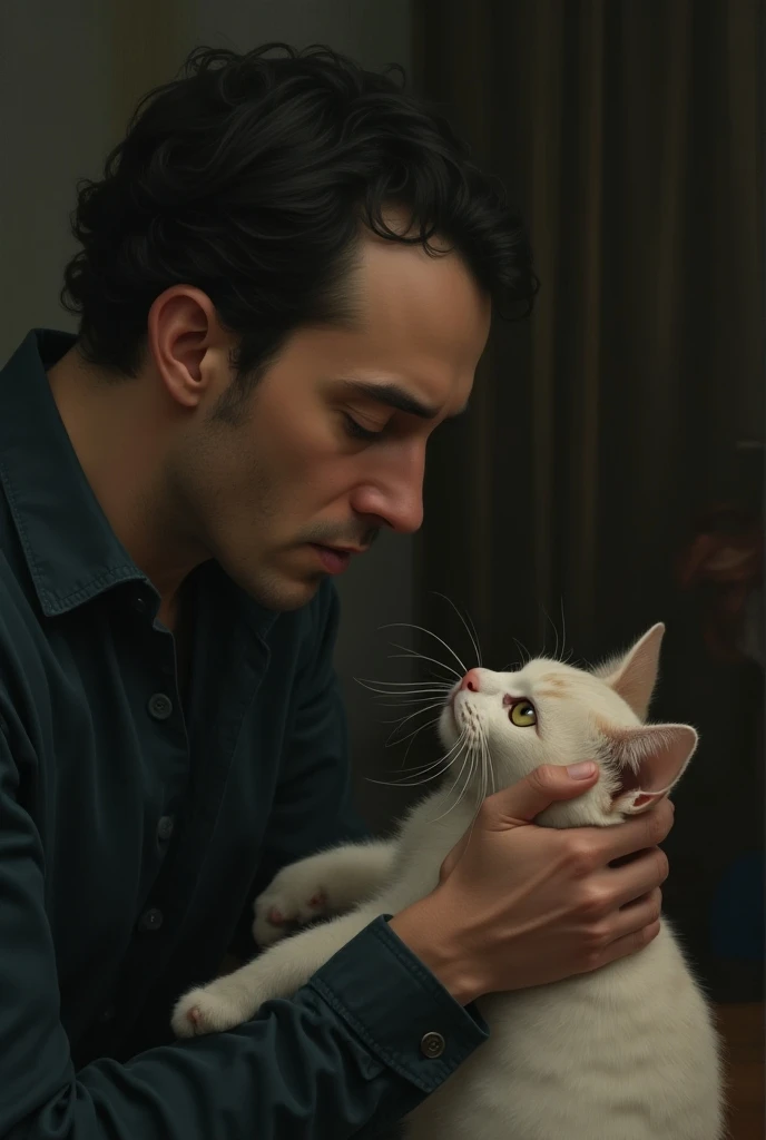 The Protagonist and the Cat :  Representations of the protagonist with the cat .  You could show scenes in which the protagonist caresses the cat or observes it with a growing sense of hate.That he is a man and that he does not hate cats
