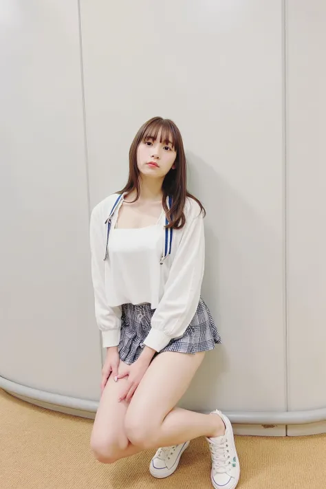  the buttons on her blouse are open ,  Exposed breasts .、  cleavage  、Sit with your knees hugged、Sit with your heels on the ground、Hug your knees with both hands、Legs facing forward、 body facing forward 、Sit with your heels on the ground、 and spread your l...