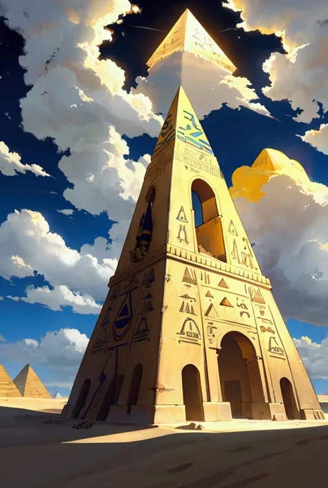 (colored sketch), large yellow pyramid, with Egyptian symbols scattered throughout, in the center the Eye of Horus, from the top bluish and reddish rays coming out into the sky and pushing away the large clouds, desert background with dunes and darkened sk...